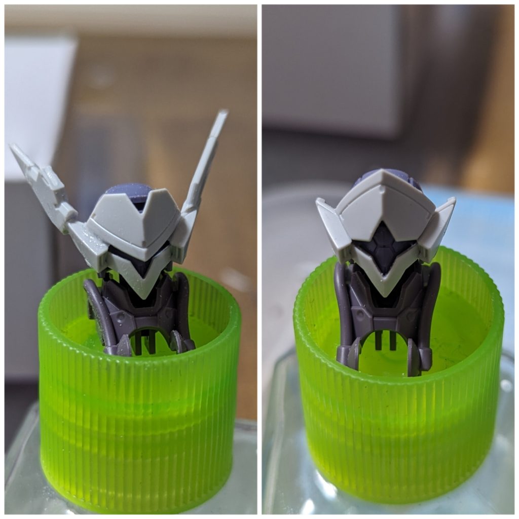 頭は額のパーツをエッチングソーでカット、逆さまにして取り付けただけの簡単加工両耳についてるのは、元々のブレードアンテナを半分にしたものです