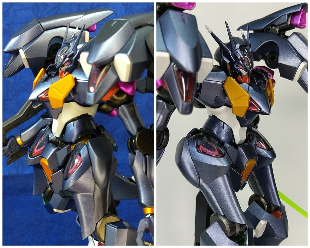 ↑デカール貼付前。ガンダムエアブラシシステムでの塗装でしたが、今回コストがかかりすぎました。Gマーカーのメタリックブルーの中身がすぐ無くなるんですよね。セットでしか売られていないので、買い足すと使わないマーカーが増える一方に。やむを得ず、バックパックはメタリックブラックも使ってツートンカラーにしました。