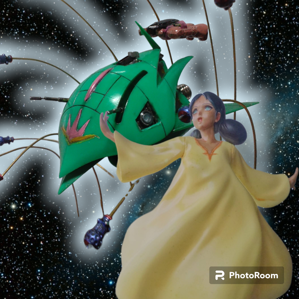 こちらは 「ララァ・スン」と「ララァ・スン専用モビルアーマー(エルメス)」です😁「PhotoRoom」の効果でビットの軌跡の発光処理&暈しも自由自在となっています。