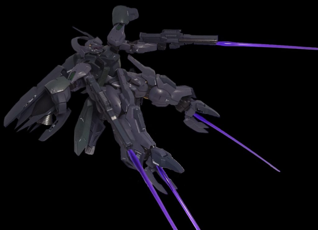 マウントしているライフルには下部にビームサーベルを取り付けています。ライフル+シャクルクロウからビームサーベルを展開して4刀流からの迎撃ポーズ。