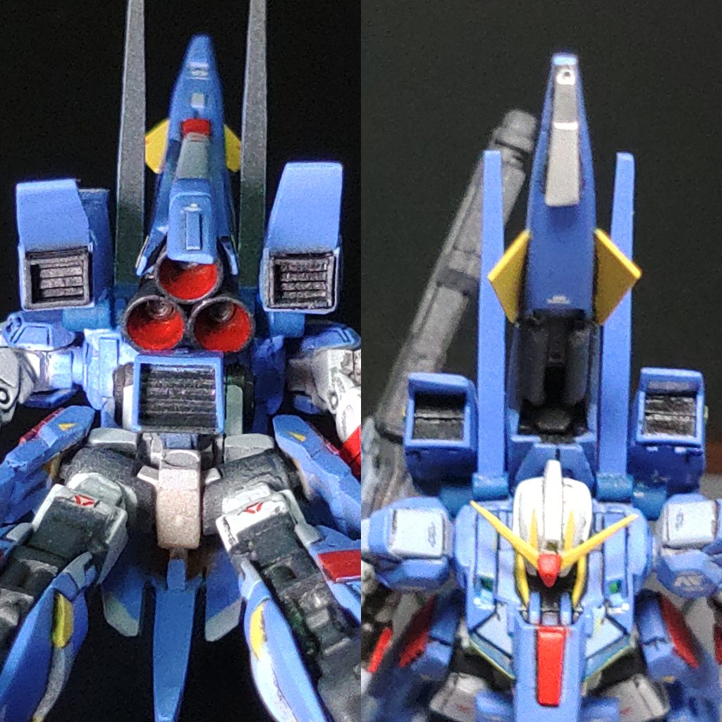 バックパックを上下から見たところです。エアインテークやスラスターノズルなどはプラ板工作で作成しました。