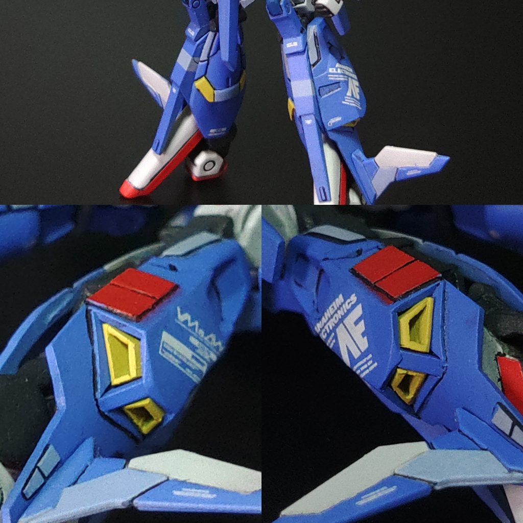 両スネ外側のスラスターノズルは開口部をプラ板工作で作成し、別パーツとして作成したイエローのノズルを塗装後に接着しています。