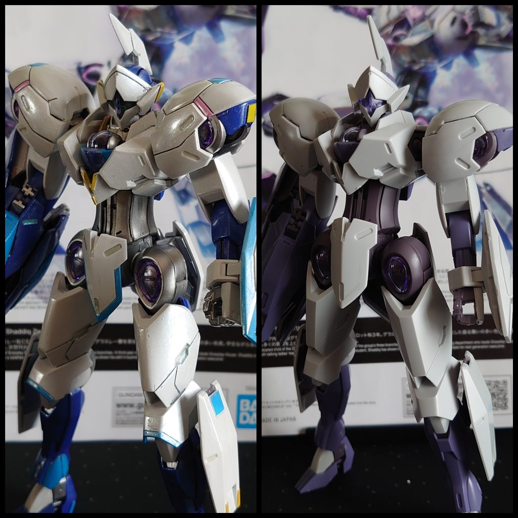 塗装前後で比較差し色の黄色とピンクのアクセントで、元キットよりもヒーロー感が出ているような出ていないような。これまでと同じように、気の向くままに、ガンプラ製作をしていきます。