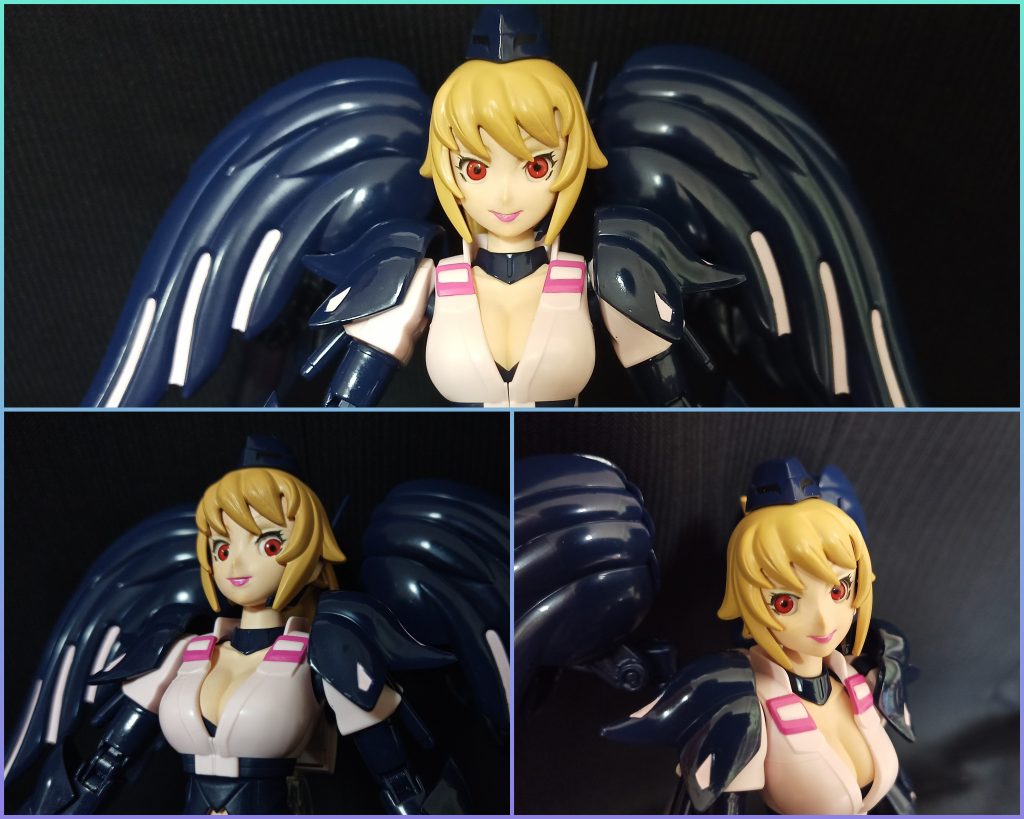 ボディは特に改修してないですが顔はあまり派手な悪人顔になり過ぎないよう気をつけつつ弄りましたカメラアイは可動にしたかったのでキットのパーツは使わず6mmBB弾白(数年で劣化とかしたら嫌なのでバイオ弾ではなく安〜いプラ製のやつ)を加工しボールジョイント仕込んで可動化虹彩は3mm、瞳孔はキツめの目を狙い若干小さく1mmのピンバイスで彫り塗ったあとUVクリアレジンを盛りました色的にフミナともプルとも合ってはいませんが闇堕ちといえば虹彩はやっぱ赤かな?って事で^^;