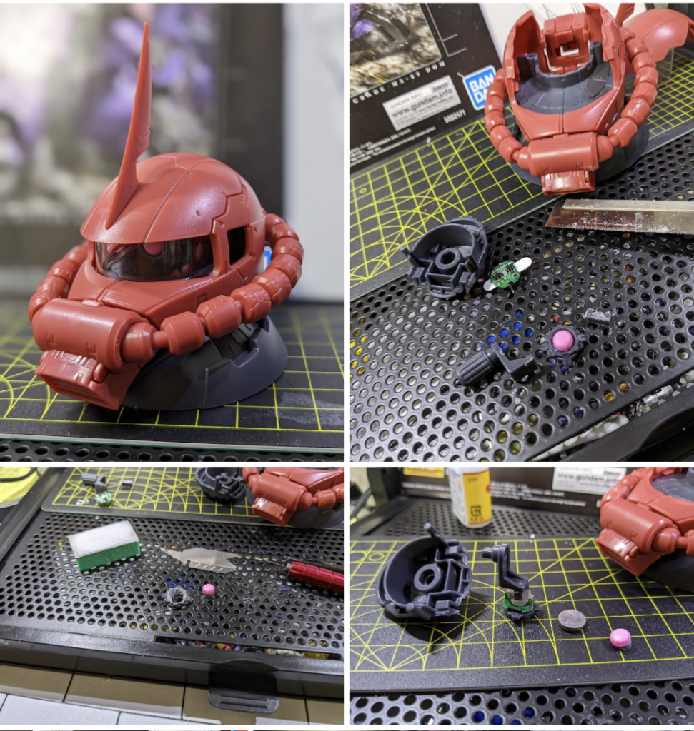 まずはLEDとボタン電池を接着するためにモノアイ部分を分割します。この頃はリューターを持ってなかったので、元のモノアイをくり抜くのにエッチングソーを使って苦労しました。でもこのノコ刃の跡のギザギザが意外とディテールっぽく見えたりして良いかんじになりました。