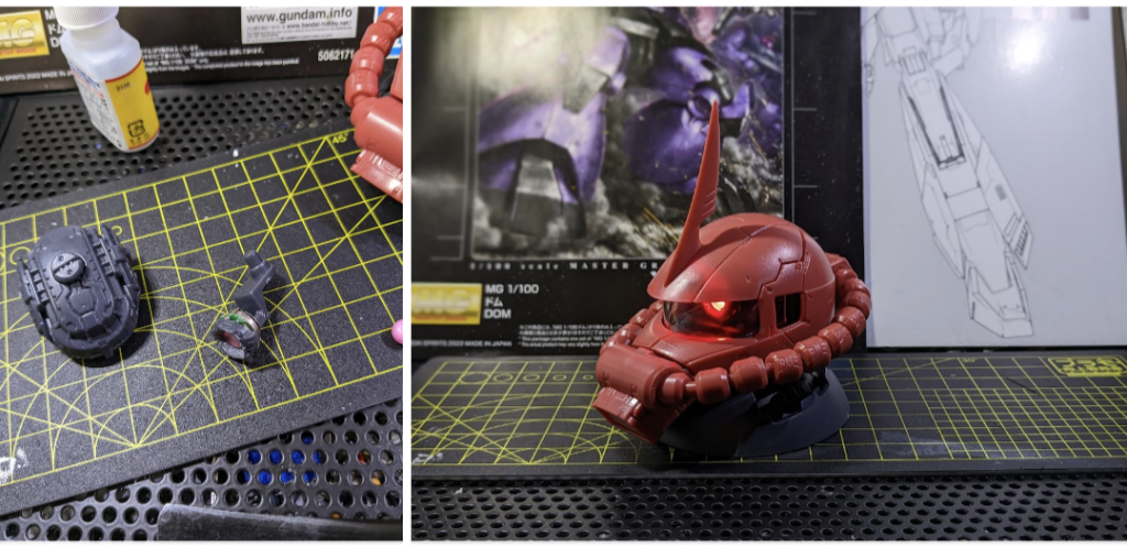 加工後も電池交換出来るように最低限の部分にだけ瞬着を使い、LEDの上にはビルダーズパーツのモノアイを着けてます。クリアーピンクだけどLEDが赤なので光ると赤いです(笑)ちなみにこのLEDはネオジムマグネットを近づける事で手を触れずにスイッチをON、OFFできます。便利!