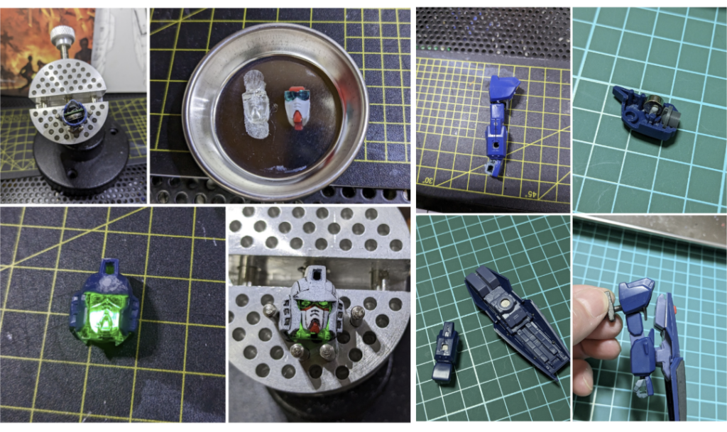 頭の中をスカスカに削ってLEDを仕込む。顔パーツは透明レジンで複製してから塗装。シールドはネオジムマグネットでかんたんに脱着できるようにしました。LEDのスイッチとしても利用します。ハイパーバズーカはEGガンダムから流用しました。そのままだと短いので延長加工。ハンドパーツもEGガンダムですが小さいのでMK-Ⅱの甲を移植してバランスを取りました。