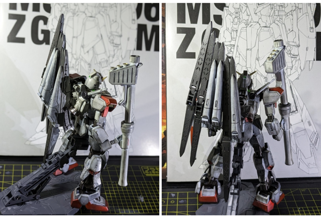 バックパックは少しだけプラ板で加工。ファンネルの他にビームサーベルも装備しました。バーニアはビルダーズパーツを使用。