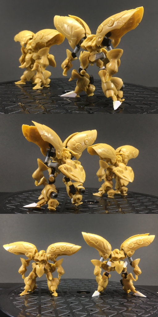 (素組みとの比較)アーティファクトコン?だが待てよ、と。少し冷静さを取り戻して考えます。素人レベルでできる工作技術で可動させられるってことは、もうとっくにこういう改造をやっちゃってる人がいるんじゃないか?気になって作例を検索開始。ポーズを変えてる例はけっこうあるものの、可動モデルはなさそう(少なくともこの時点では)。その中でこちらのGUNSTAも発見。そしてちょうどアーティファクトのコンテストもやってると。この時点で締め切りまで2か月強。前半は1か月ほど作業できない期間があるのですが、それでもまだ1か月はあります。練習でガンマカエアブラシ塗装した時は3日で基本的な塗装はできていたので、細かい部分のマスキングなどプラスアルファの作業があっても、スケジュール的には余裕で間に合いそう。というわけでアーティファクトコンへの参加を決意することになりました。はじめて尽くしの作業再開スケジュール的に余裕があるとはいえ、実を言うとここからの作業ははじめて尽くしです。・サフ吹きと塗装ブースの使用・ケガキ針やタガネを使ったスジボリ(モールド彫り直し)・アクリジョンの使用とそのガンマカエアブラシでの塗装・作ったガンプラの撮影とレビュー原稿作成約1か月後に作業再開。合わせ目処理、サフ吹き、上腕と太もものディテールアップ、ここまでは大きな問題もなく進み、はじめてのスジボリを開始。ある意味キットに傷をつけることなわけで、緊張MAXになりながらおそるおそる作業。ある程度慣れてくるとちょっと楽しくなってきましたが、モールドが細かい分やる場所がたくさんでくたびれました。ところどころミスもあったものの、傷をやすったり瞬間接着剤で埋めたりして、なんとかクリア。