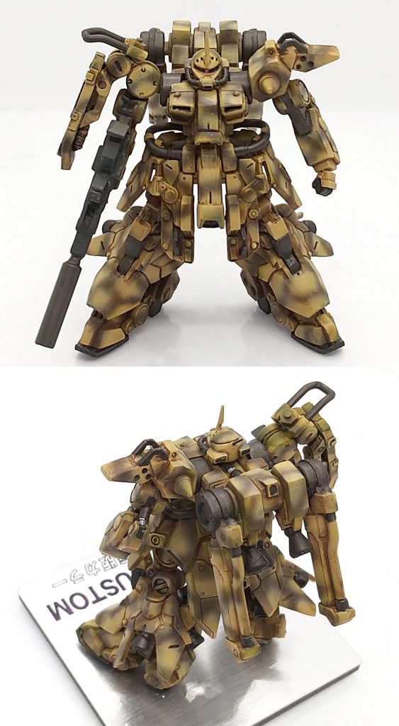 非常に出来の良いキットで素立ちポーズもいいでですが、股関節にハの字加工を施したプロポーションは秀逸で、頭部の小ささ等、アーティファクト独特のアレンジが近藤版MSのミリタリー色の強い迷彩カラーにも意外に似合いノーマルカラーとは違った魅力が感じられます。
