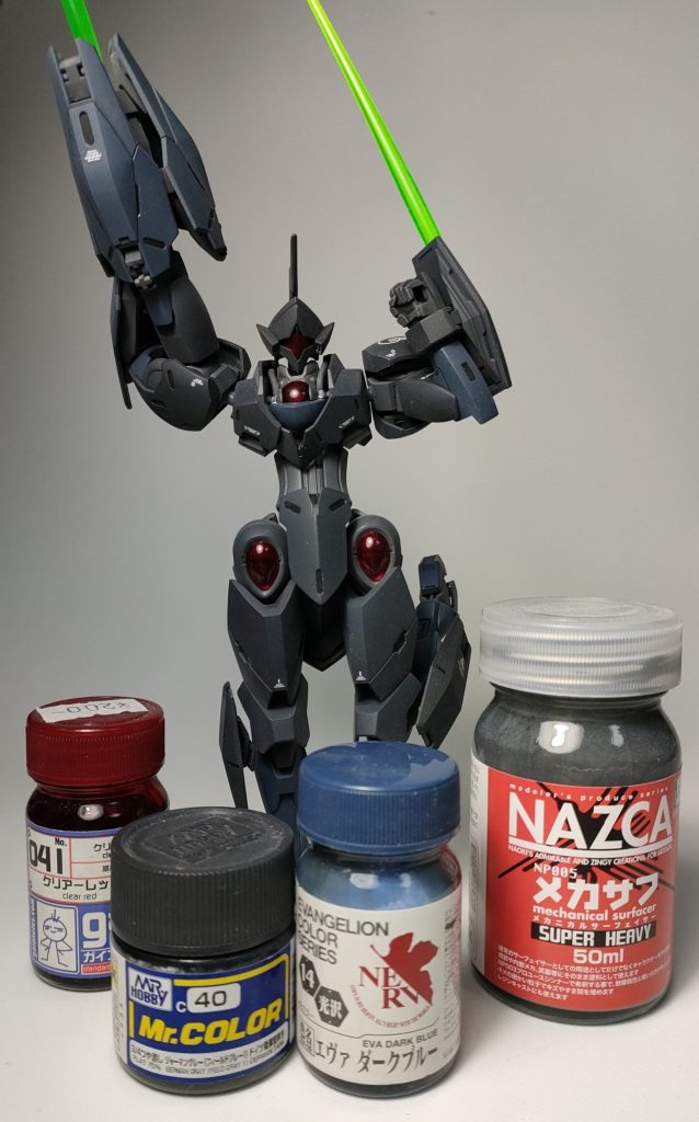 使った色フレーム→メカサフスーパーベビー外装→ジャーマングレー(フィールドグレーⅱ外装?武装?→エヴァダークブルーレンズ部分→クリアーレッド上からつやけし吹いておわり! ちなみに下地塗装なしのそのまんまぶち塗り充実したお休みになりました!