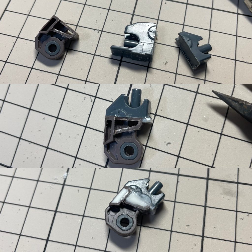 普段全然ミキシングしないので、こういった改造が不慣れなのですが…ケンプ腿とシナスタの膝下を合わせたかったので、無理やり関節をニコイチにしてます。笑