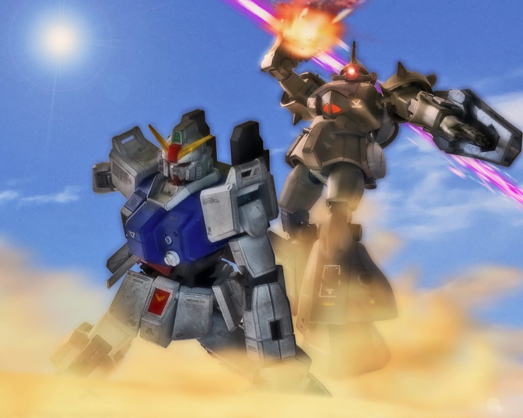 陸戦型ガンダムは膝から地面に着くとその姿勢のまま動きを止める。シロー自身も着地の衝撃で身体を大きく揺さぶられ一瞬操縦が出来なくなる。「もらったっ‼」大きく振りかぶったその時。一閃のメガ粒子砲がヒートソードを握ったグフの手を貫いた。炎と煙を上げながらグフは着地するとビームが撃たれた方角を見る。「あの距離から狙ったのか?」