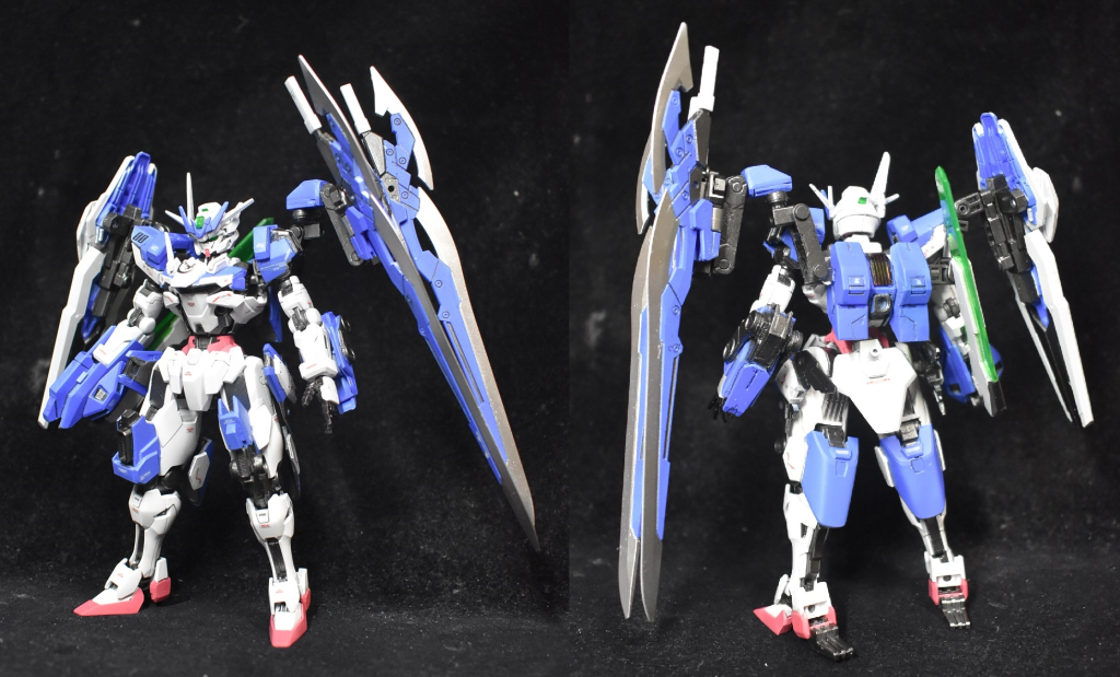 正面と背面からだいたいそこらへんにあった余剰パーツとジャンクとプラ板で出来てます刹那の機体及びアストレアの部品は完全未使用です