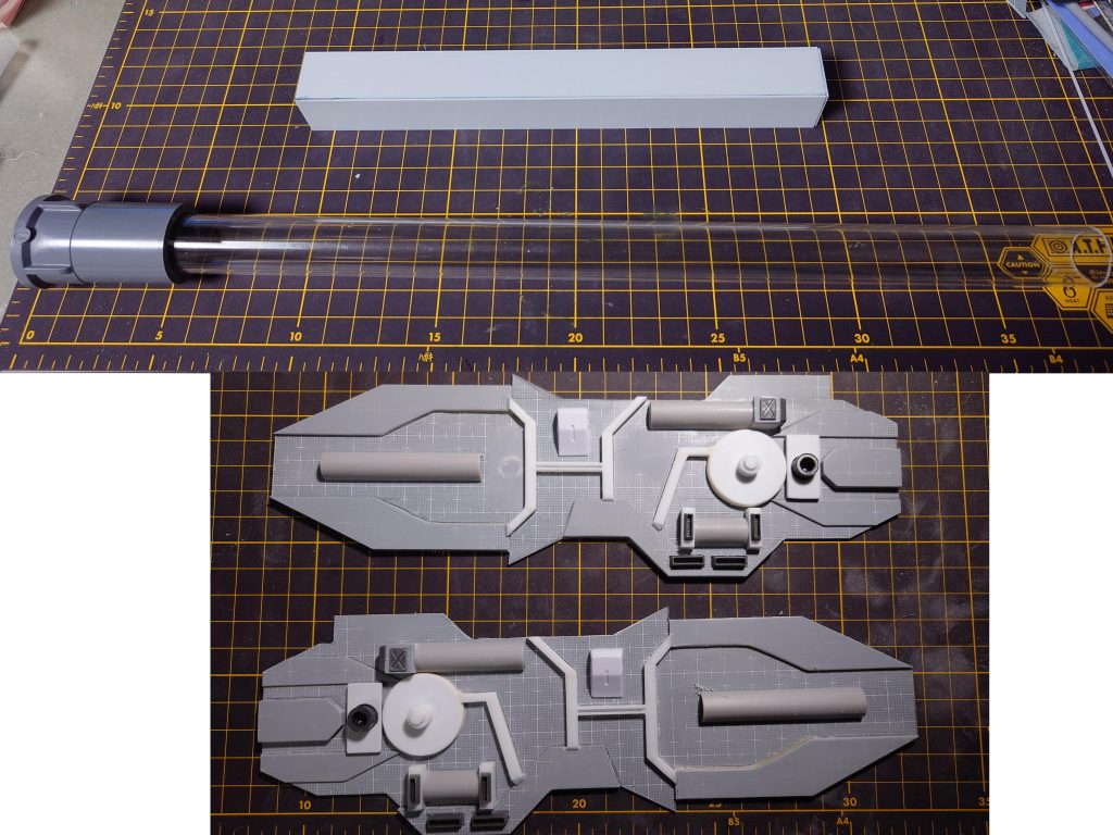 ハイ・メガ・バスター・キャノン 作成 初期プラパンで21mmのボックスを作って、銃身支えるようにします。銃身は21mmアクリルパイプ。銃口は給水栓ソケットを装着。多少緩いので、プラパンで隙間を埋めました銃本体はプラパンやプラ棒、その他いろいろで作成しました。