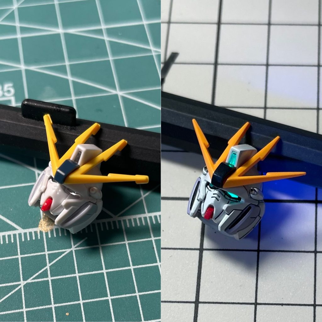 こちらは頭部のビフォーアフター。バルカンもメタルパーツに置き換えています。