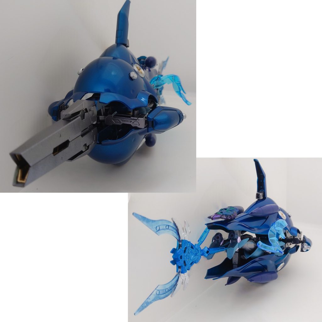 正面と背面。正面にはビームキャノンを装備しております。背面には槍を装備し、尾びれのように見せております。