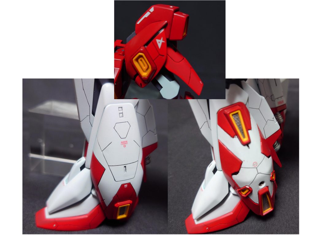 主な改造ポイント肩アーマーに10mmの溝を掘り、アーマーが2層になっているようにしました。肩の上のほうはボディと同じ濃い赤、下の部分と二の腕を守る部分は明るめの赤にしました。他は脚部アーマーのデザイン。内側はミゾを彫って塗り分け、外側もミゾを彫ってと、上部分でつながっていたところをやすりで削って分割した後に、バテと使って、ちょっとだけ追加しました。塗装をちょいちょい失敗してしまったのは、まだまだ技術不足です。