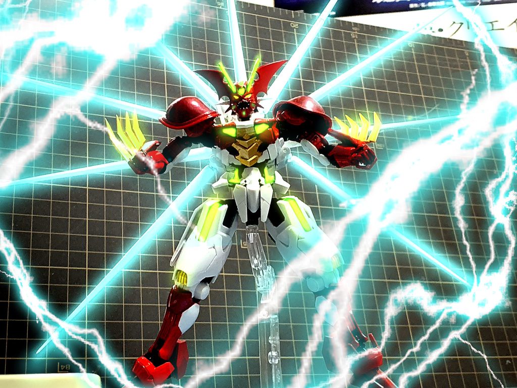 「サンダーボンバー！！！！」ゲッターエアリアークの最強必殺技サンダーボンバー。自身が避雷針のようになり周囲何メートルまでも並みのMSなら一瞬にして消し炭となる電撃を放つ。他にバトルショットカッター、2本あり連結可能のゲッタートマホーク、ゲッタービームそして究極の必殺技体全体が発光し相手に突撃するアークシャインエアリボンバーが存在する。 