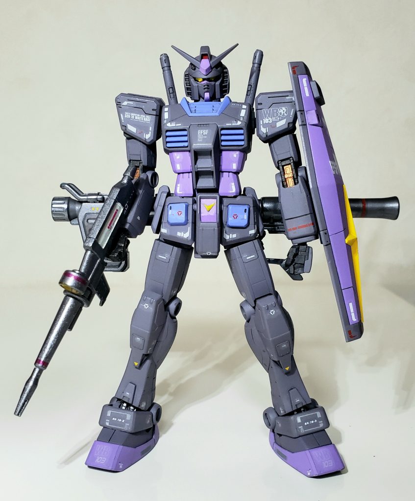 塗装レシピ・フィニッシュングサフェーサー1500ブラック・グレーバイオレット+パープル少々・パープル+ブラック少々・ライトブルー+パープル・ダークアイアン・イエロー・カッパー・GX113艶消し・ウェザリングカラー(マルチブラック)・水転写デカールグレー部分を濃いめにアレンジしてます。