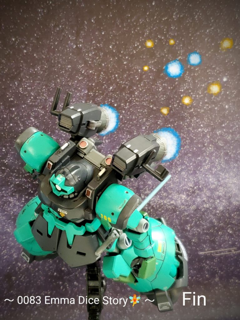 エマァが残存兵を引き連れ無事にアクシズ艦隊に辿り着く頃、遥か後方でひときわ大きな閃光が2つ❗その瞬間、エマァは輝き❇️の意味を感じ理解し泣き崩れる…そしてコクピットには、二人の名前を呼びながら泣き叫ぶエマァの声と流した大粒の涙が漂っていた……😢~0083 Emma Dice Story🧚~ 第4部完❇️以上、私の妄想イメージによるリック・ドムII強襲突貫装備型とエンゲージゼロの最後の激戦❕とエマァ・ダイスのストーリー最終章でした~😊🎶4回の投稿に渡り、妄想ダダ漏れの作品ご覧下さりありがとうございます🤩いつもなら投稿ページ最後は制作レポート?に画像3コマは割くのですが、ストーリーが膨れ過ぎてカット✂️出来なくなってしまったので、妄想ストーリーで16カット全部振りきってしまいました~😅💦よって、投稿作品49作品目(裏)として制作レポート部分は別に投稿致します😅申し訳ございません🙇💦数回に渡る長~い投稿、最後までご覧下さりありがとうございました~✴️感謝感謝です😌🎶