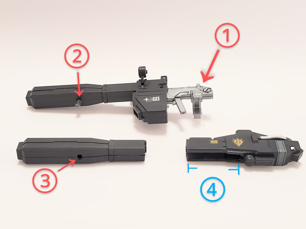 こちらがツイン・ビームバズーカの分解図です🤩ビームバズーカを2本分使用してぶった切って🔪おります👍✨①トリガー部分はサンダーボルトガンダムの2連装ビームキャノンから奪ってしまいました~😅💦②砲身の下に3㎜の穴を空けランナーを差し込み❗下部にもう1本接続可能にしてます✨③当然、もう1本にも3㎜穴を空けてます😊🎵④ビームバズーカの後方部分を短めに切断し、ノーマルとは上下逆さまに使用❕配線?部を取り除き、さらに開口してトリガー部分にはまるように削りまくりました😌✨