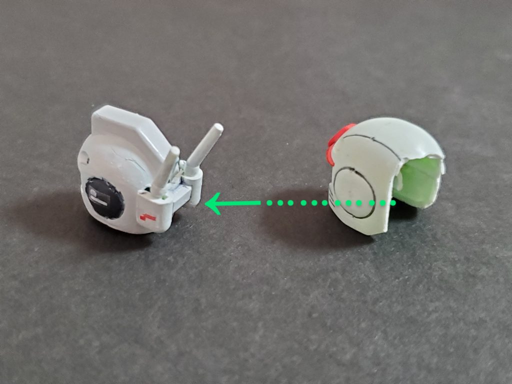 ジムキャノンヘッド再現手術~👊✨ジャンク行きとなっていたガンキャノン君の後頭部をニッパーで切り取り、ヤスリで整えて~接着🎶なんとかそれらしくなりました~😅💦