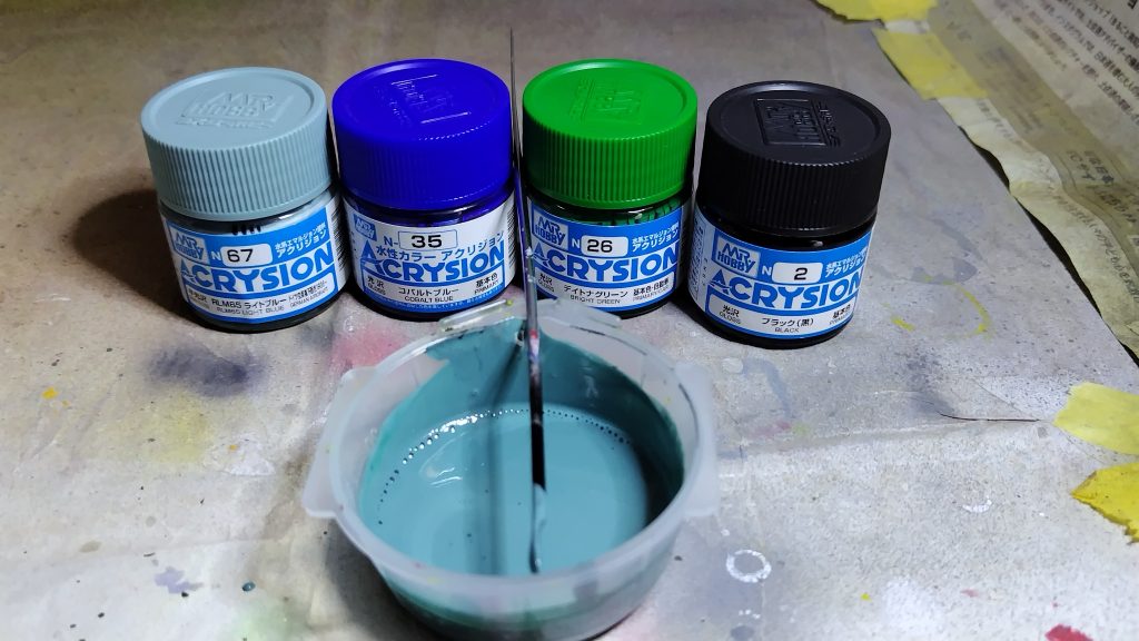 ボディーのブルー部の塗装はアクリジョンでエアブラシです。カラーガイドのとおりに調色しまして、成形色と一緒に色が作れました。（当然といえばそうですが＾＾；）最後までご覧いただきありがとうございました。