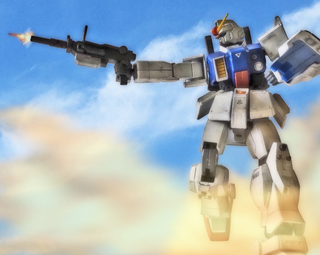 シローは走りながら射撃を開始する。先ずは案の定7小隊同様に弾は当たらず空を切る。「今までの戦い方じゃ通用しないか!」グフも左手の5連装マシンガンで応戦し、2機は互いを試すように射撃戦を繰り広げる。「エレドア、7小隊の時にヤツに戦い方に特徴はなかったか?」「特徴ってもなぁ…」「…あっそういえば」ミケルが思い出す。「あのMS必ず接近して一撃で仕留めてます。格闘戦や接近戦が多くて戦車隊やジムもそれでやられてました」「一撃?」「ええ、電光石火の早業です」シローは目の前のグフを相手にしながら頭を働かせる。グフの装備には確かに射程のあるものは見られない。だが一撃で仕留める所が気になる。なんとなくだがシローはある仮説を立てた。(もしかしてあのMSは…)