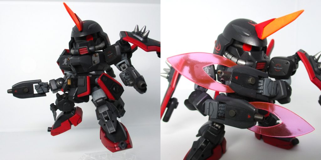 手持ち武器のビームガンカタール。バタフライバスターを簡略化したというイメージで、射撃モードと斬撃モードを変形もなくシームレスに切り替えでき、SD体系の短いリーチを補うべく、腕の延長方向に刃を伸ばす形状を採用。エフェクトはクリアーピンクの下敷きから。ほんとはデスティニーIIの多用途パルマを作りたかったのですが、手首の細かい改造とエフェクト作成は無理だと判断して、手持ち武器にしました。