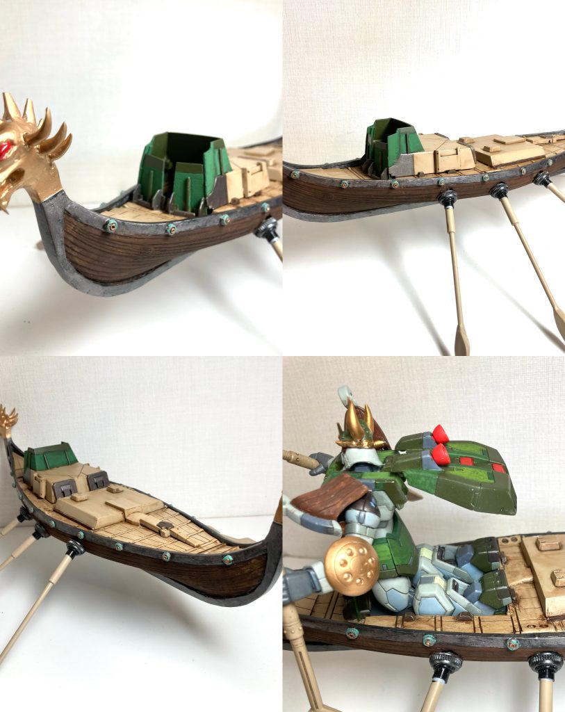 レベル製の1/50 バイキング船のキットを船体中央部分でカットし、かなり前後を短くして再び貼り合わせています。船体の長さはバイキングガンダムとのバランスをみて適当に決めました。アニメの設定では、船体部分はもっと高さがあるのですが、設定通りではバイキング船っぽさが薄れるように思います。よって、バイキングガンダムと接続する部分を嵩上げする形にして、船体の高さは抑えました。船首と船尾の飾りはエポパテなどで自作しました。