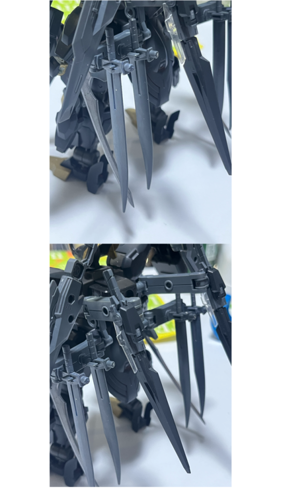 バックパックに装備されている剣はミドルブレイドが四振り、ソードライフルが二振り。ミドルブレイドはビルドファイターズの頃のキャンペーン品のツインブレイドを2セット使用。ソードライフルはダブルオーガンダムのGNソードⅡを色変えしてそのまま流用しました。