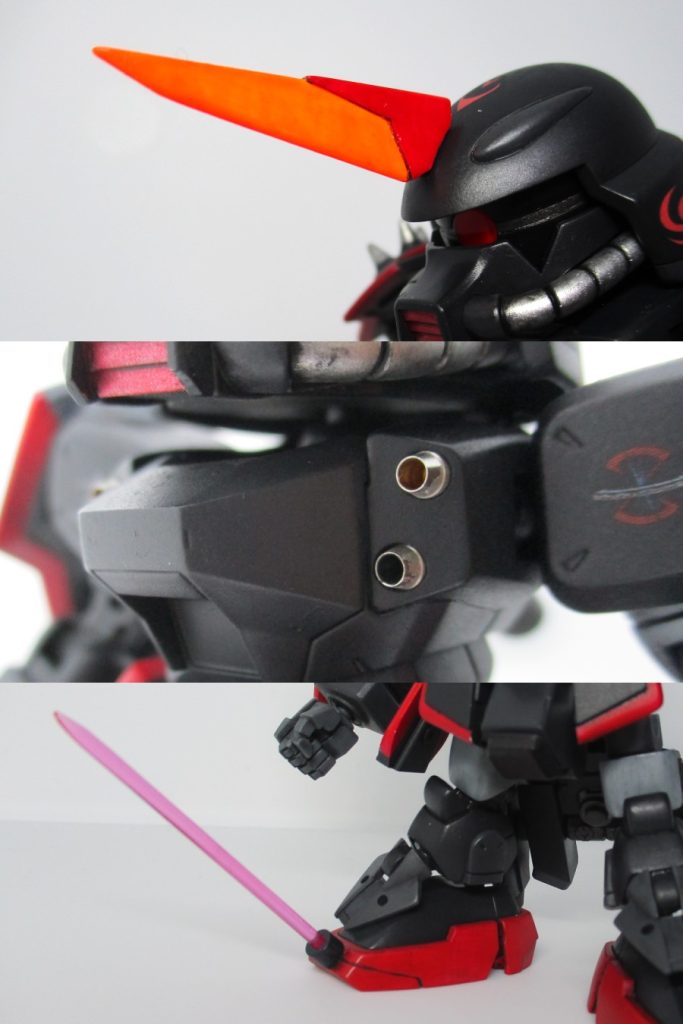 内臓装備3種。頭部ヒートホーン。角の形状を前方に伸ばすようにしているとは言え、リーチが短くあまり実用できではありません。後述の切り札を使うための基礎という感じ。胸部マシンキャノンが左右で計4門。上2門がビーム、下2門が実弾の内蔵機関砲。エアインテークパーツの取付穴を広げて、市販のマズルパーツを埋め込みました。脚部ビームサーベル。SEED系でおなじみの癖の悪い足。エフェクトはお弁当用のピックから作成。