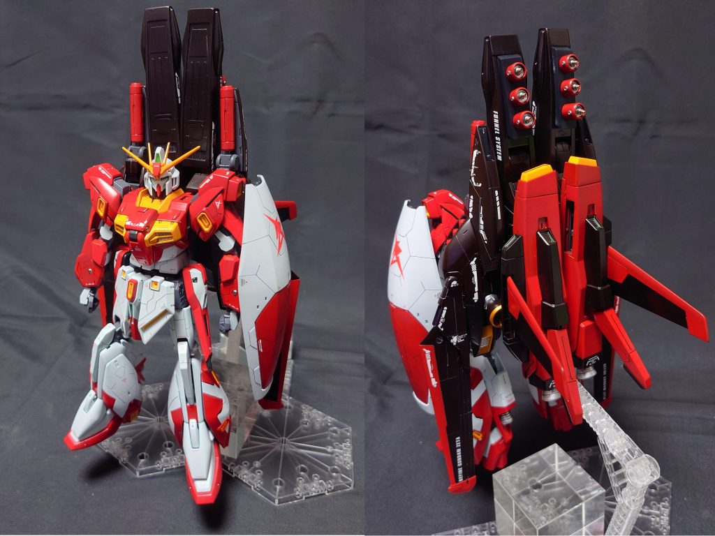 Gディフェンサーの一部を改造……ただちょっと窮屈になってしまいました。ミサイル部分を完全に切り抜き、自作のファンネルラックを設置。GディフェンサーはB.W.Sに磁石で装備。装備の際、邪魔になるB.W.Sの中央部分は外してあります。