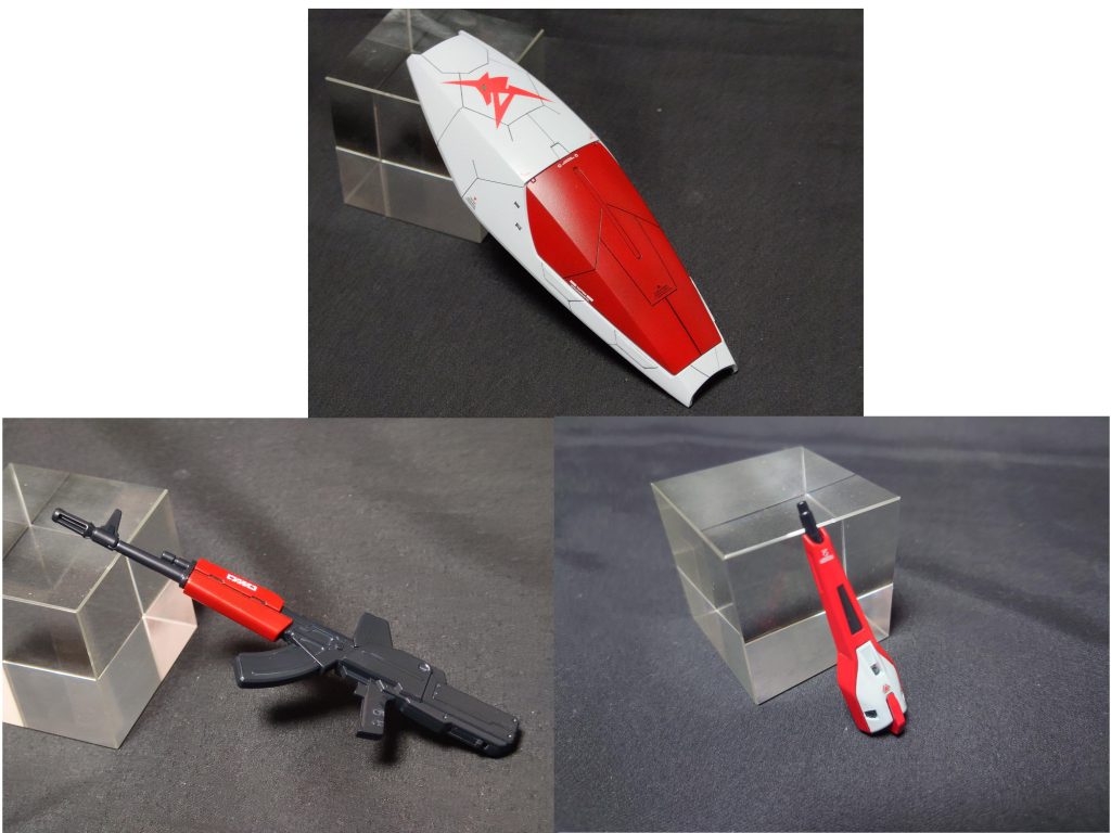 武器 一覧シールドはミゾ追加と色変更。ライフルは色変更のみ。腰ライフルも色分け塗装となっています。