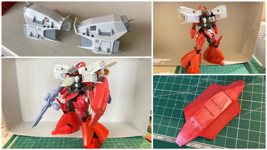 [製作中]肩のユニットはMGの高起動ザクの脚部分を加工してそれっぽく仕上げています。またシールドは真ん中で２つに割り、ニコイチすることで改修型っぽい形に仕上げています😌
