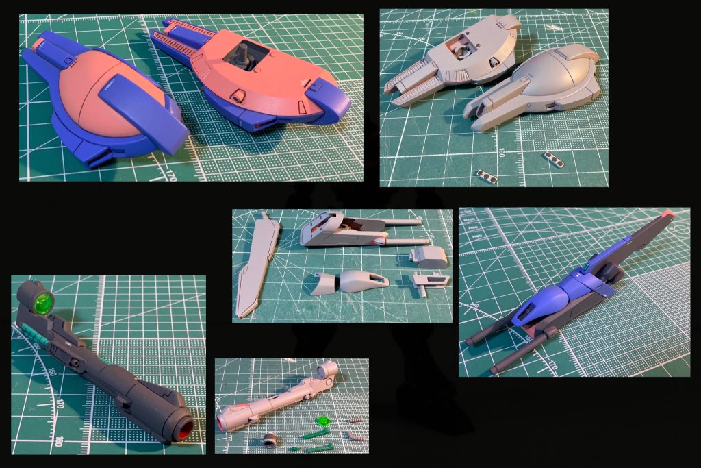 【左右シールド】接続をボールジョイントに変更し、位置を前方に。【背部ユニット】ソーでバラし、設定画に合わせて形状変更。翼状パーツの接続はボールジョイントに変更。【ナックルバスター】レーダー部分はガザC,動力パイプはバイアラン余剰パーツより。胴体接続部をフックに変更。