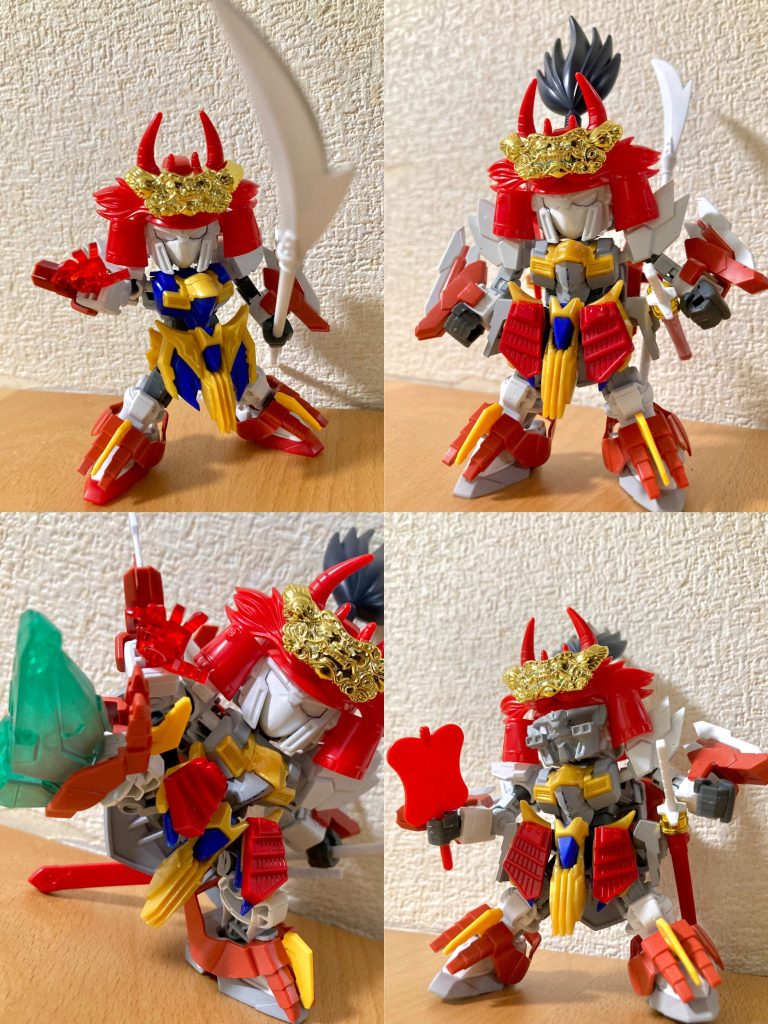 既に製作していた信玄ゴッドガンダムとは多分に形状の似通った雰囲気を持たせつつも、別人という事で全く異なるフォルムになるよう、勝頼は特に武闘派スタイリッシュな軽快な感じを意識して作りました。ブレイジングガンダムの特徴的な装備で短編アニメ映像では対ランナープリズン用のアンチ・デバフ・ユニットとして機能していたブレイジングマスクは、ちょうど信玄の面影を感じさせる惣面のように採用する事が出来ました。都合良くぴったり嵌まる既存の仮面パーツは無かったので、別途もう1つ張飛ゴッドガンダムの顔パーツを基に出来るだけブレイジングマスクっぽい雰囲気となるよう形を改修し、金属片を仕込んで本体頭部内のネオジム磁石との反応で着脱可能となるよう調整しました。主武装の薙刀は、ブレイジングガンダムの発想元であるライジングガンダムのヒートナギナタをイメージして追加しています。またブレイジングガンダムの代名詞的必殺技ポーズ、爆熱爆砕ブレイジングキック!は必ずや再現したいと思い、SDWヒーローズ体型の足腰周りにボールデンアームアームズ等を用いた可動改修を満載して何とかそれっぽく展開する出来ました。(※先駆者SDモデラーの皆様が発案・公開されている技術を大いに参考にさせて頂きました。先達の叡智に感謝申し上げます🙏)