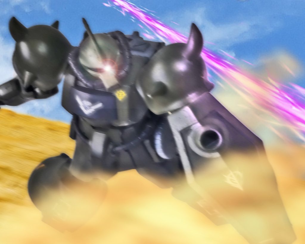 「連邦の奴、戦いの感が良いようだな。この短時間でこちらのウィークポイントをつくとは…、だがなっ!」カレンの放ったビームはグフの横をかすめ直撃にはならなかった。オリバーもMS乗りとしては一線級の腕を持ち、更に経験値から連邦軍が何か仕掛けてくるのは想定していた。紙一重で機体を前に倒しビームを避けると今度はオリバーが攻めにいく。「出し惜しみはなしだっ!」グフはスラスターにまだ余力を残しており、ここぞとばかりに全開にする。そしてそれに伴うように砂煙が舞い上がるとグフも重力を振り切るように空に飛んだ。