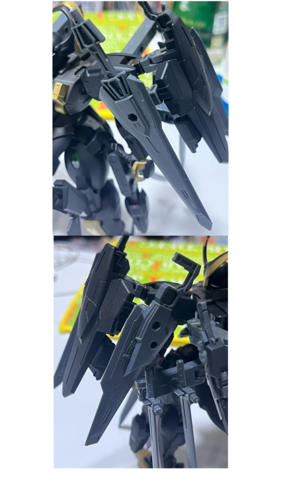 両肩シールドと、そこに装備されたロングソードとカタールライフル(それぞれ二振り) シールド裏にはスラスター(バトルアームアームズのミサイルポッドを流用)を付けて機動力を損なわないようにしています。 シールドはバトルアームアームズを、剣はどちらもバインダーガンをそのまま使いました。
