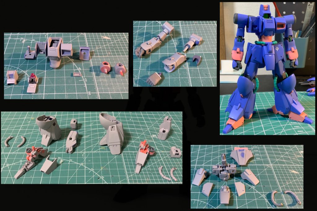 【脚部】つま先と股関節接続部はHGガザC。甲パーツは自作。動力パイプはザクF2のものを流用。足首で2・5mm延長。下腿部内側は足首延長に伴い内側を下方向に延長、外側は立体感を出す為に形状変更。【腰部】ベースメカ部分はガザCより。各アーマーは整形を加え脱着式に。左右フロント、リアアーマーは大型化。【胴体部】左右ブロックパーツの接着位置を上部に変更。肩接続面を1mm幅詰め。首元をくり抜き頭部接続基底パーツを新しく作成。【腕部】上腕で1・5mm幅詰め。関節はザクF2より形状変形し流用。