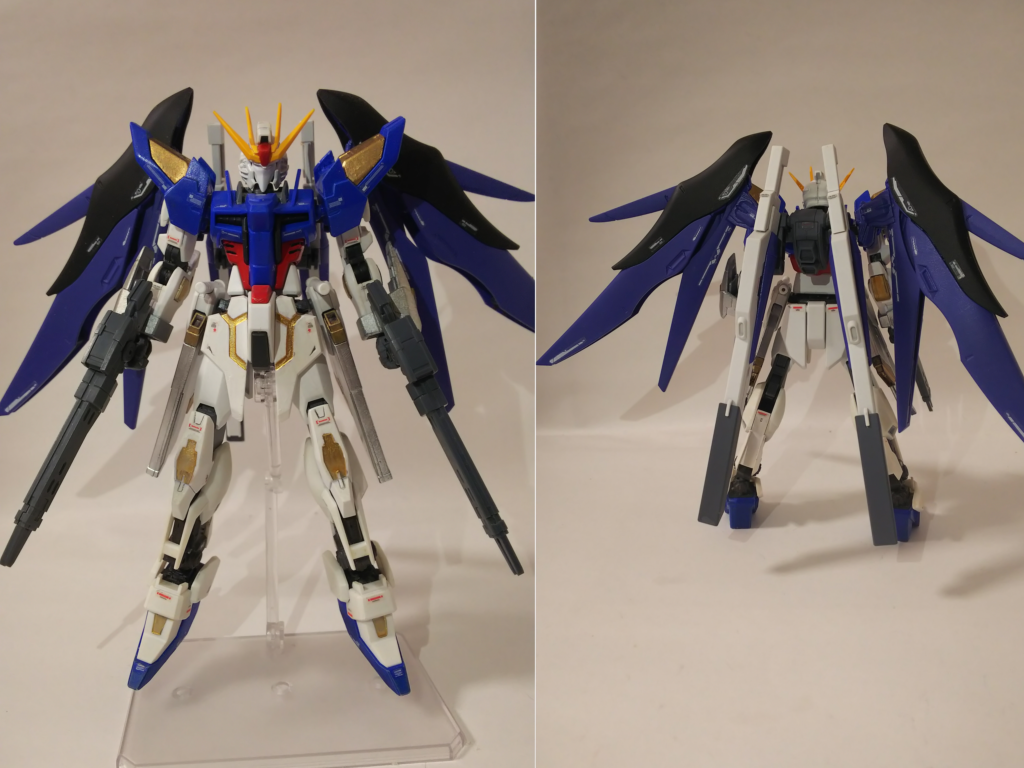 正面と背面。使用したガンプラはヘリオスとデスティニーのミキシング。それ以外は従来のオルタナティブガンダムを使用。武装はこれまでの武装と一転して二丁拳銃持ちの物を使用。戦い方のイメージとしてはストライクフリーダム。素早い機動性を活かして瞬時に敵を撃破する。