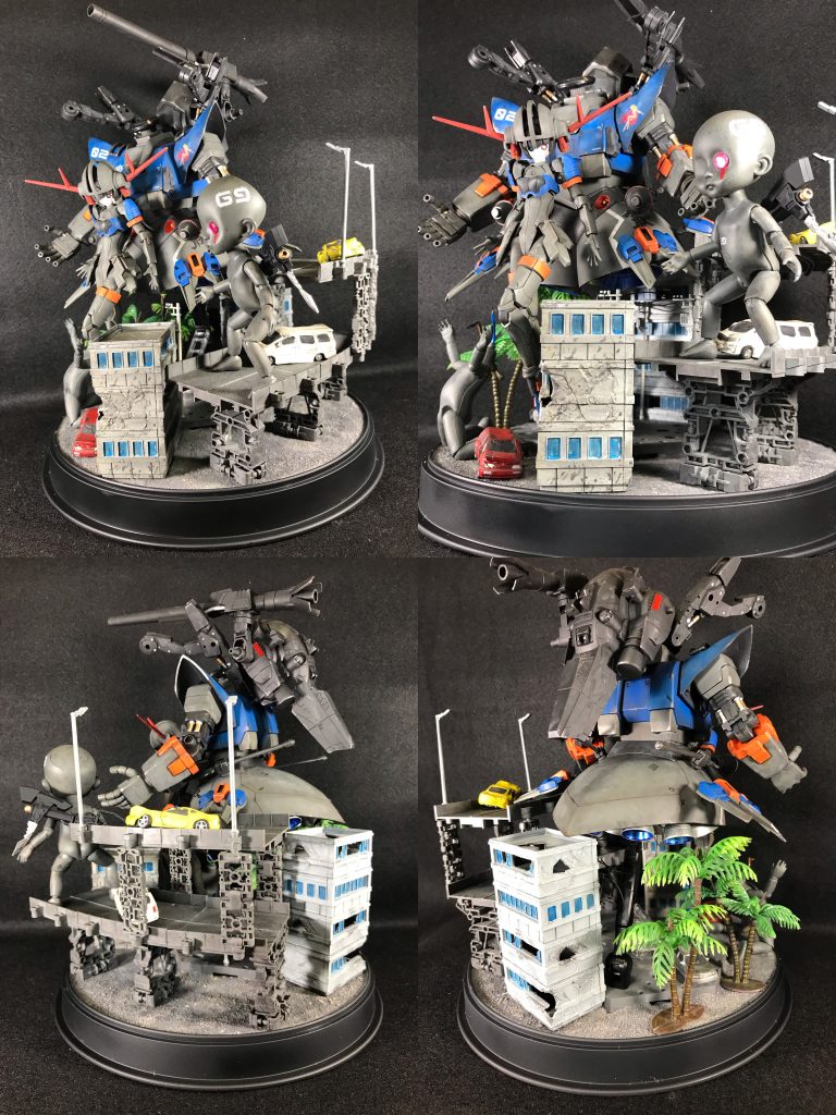 じつはこの作品を拝見して私は美プラに興味を持てたので、私なりに気合いを入れて作成しました作りの荒さは…いつものようにお手軽ジオラマで誤魔化し🥸台座は100均のそばざるを逆さまにして、シーナリープラスターぶっかけてからアクリル絵の具で塗装(そばざるは大型キットのジオラマベースにはかなりおススメ!100円だし💰)あとはカスタマイズシーンベース(市街地Ver.)や100均のヤシの木などを適当に配置