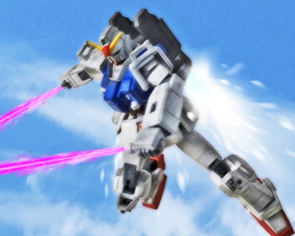 「カレン、今だっ!」シローは後方のカレンに合図を送る。「まったく困ったお人だよっ!」カレンはスコープを覗きグフを狙うが、このタイミングとは思わなかった。まさか格闘戦に誘い込んで動きを止めた瞬間とは。最大望遠で見るが的は思ったより小さく僅かな誤差も許されない。カレンはスコープの十文字にグフを合わせると引き金を引いた。