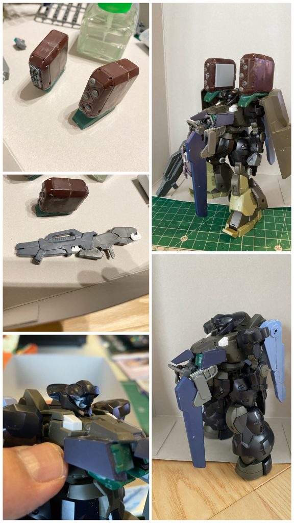 [製作中]ミサイルコンテナは、ナデシコの旧キットから、砲戦フレームのものを使用しています。偶然リサイクルショップで見かけ、気づけばこれだー！と手に取っていました笑また、頭部のバイザーはオミットしており、そのスペースを使ってモノアイ化しています😌