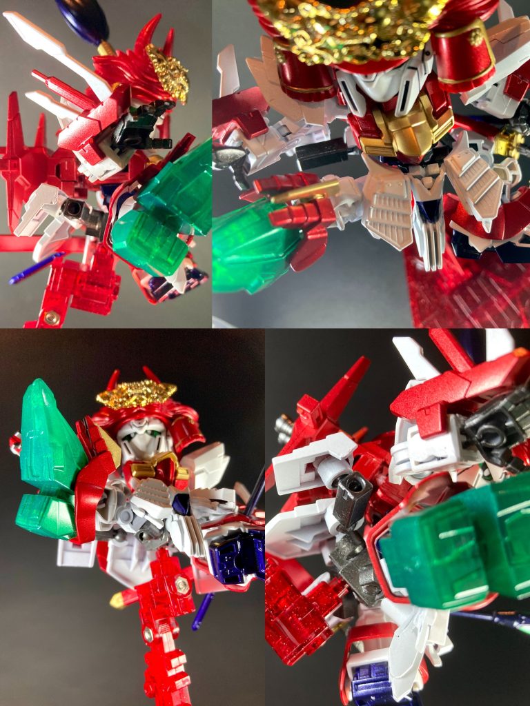 武田勝頼は一般的に長篠敗戦の印象が強く、信玄神格化の反動で愚将とする悪評も根深いものの、近年は反対に極めて優秀な外交軍事・政治力を発揮しながらも結果滅びてしまった悲運の武将として再評価されたり、なかなか評価の定まらない難しい人物ではありますが、個人的にそういった複雑な魅力も含めてめちゃくちゃ好きな戦国武将なので、今回オリジナルSD武将として製作する事が出来てとても楽しかったです。また現在のSDWヒーローズにおける歴史上の人物達をモチーフとするSDガンプラ、その流れを拓いた元祖とも言うべきSD戦国伝・信玄頑駄無の旧キット兜パーツをこのように使用させて頂く事が出来て、SD武将ガンプラの長き歴史に思いを馳せて感慨無量の極みでありました。