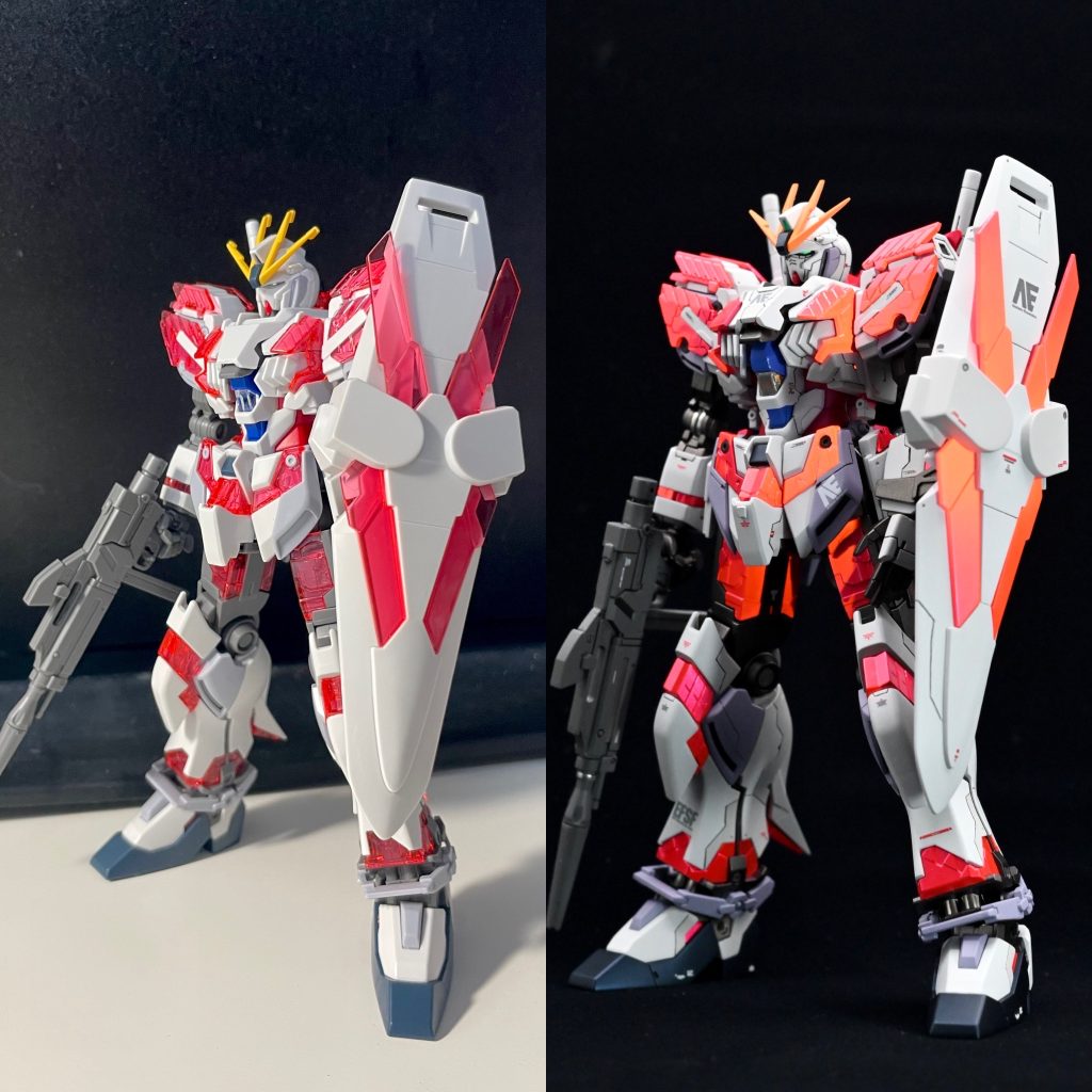 画角もカメラも背景も違いますが…ビフォーアフター。クリアパーツが多く、ややごちゃついた印象があったので、それらは全てメタリックレッドの上から蛍光ピンクでまとめてみました。