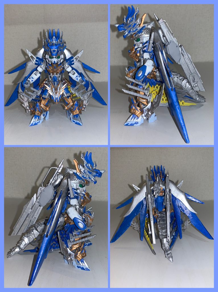 青龍モード！！！悟空の猿の顔を改造し、一部切り取ったり、ツノを足したり、髭を足したりして、龍っぽい感じにしてみました！また、バックパックと武器をディスティニーからとって、付けております！足の剣は青が氷剣、黄が雷剣ってイメージで色変えました！