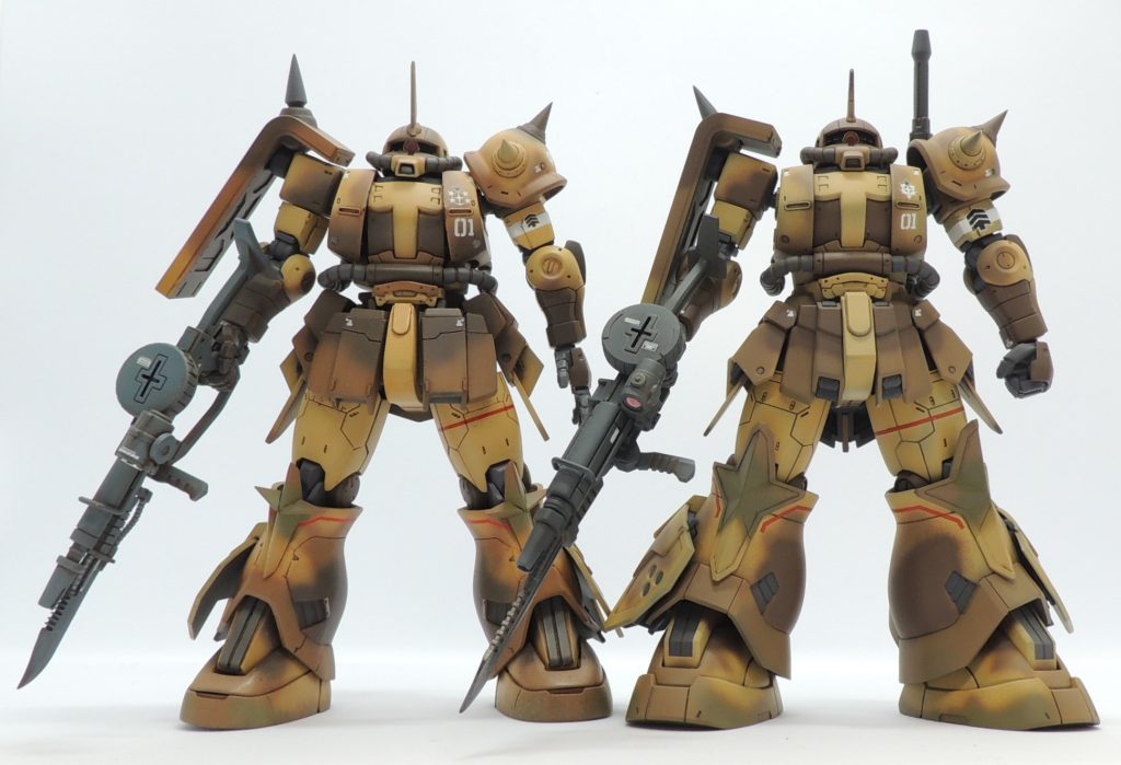 キットの脚部はボリューム感が素晴らしく、いかにもホバー移動しそうな説得力に溢れています。セミスクラッチ版の脚部はノーマルザクと同じ太さのままでした。