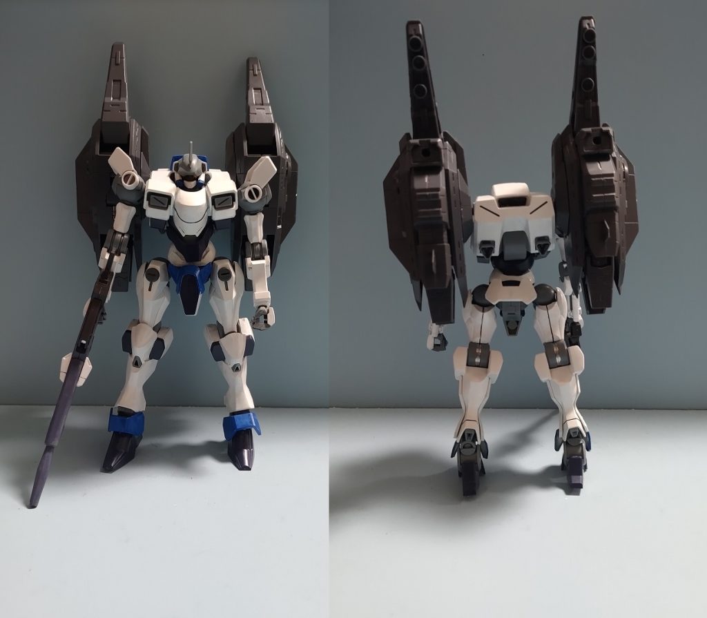 前と後ろ、ブースターがでかくて自立は安定せず・・・('ω';)肩アーマーはジャンクで見つけたガンダム（ＥＧかな？）の足のアーマーが意外にぴったりで無改造で付けられました。ライフルはジャンクにあった旧1/100Ｖ２ライフルの先っちょを接着となんかそれっぽいジャンクで装飾。～以下脳内設定～ペイル社が次世代ＭＳ開発のデータ収集を目的に製造したＭＳ。新型の高推力ブースターによりディックバランを使用せず単独での飛行が可能、しかし推力は想定以上であり殺人的加速によるＧのせいで通常のパイロットでは操縦が不可能であった。そのため研究の始まった強化人士専用機として試験運用がされ、後にその試験データがガンダムファラクトの開発にフィードバックされた。